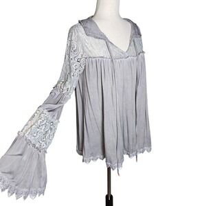 Pol Grey Whimseygoth Lace Boho Statement Sleeve Feminine Bell Sleeve Tunic top M
